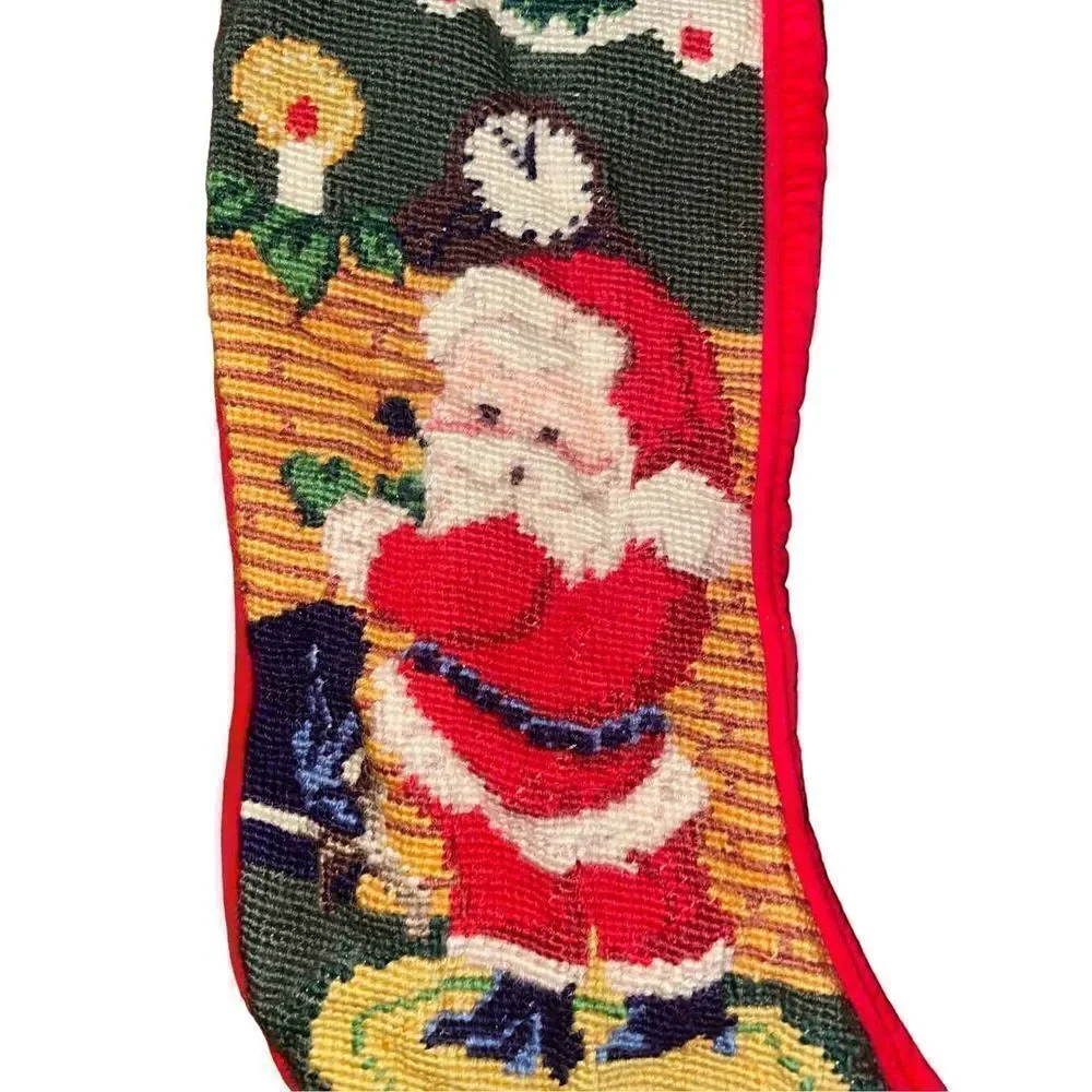 Vintage 1991 Embroidered Christmas Stocking Santa Claus and Elf by Chimney 19”